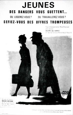 Affiche de la Mission Bretonne, placardée sur les murs de la gare Montparnasse, en 1950. Cette association jouera un rôle majeur en faveur des conditions des employées de maison.