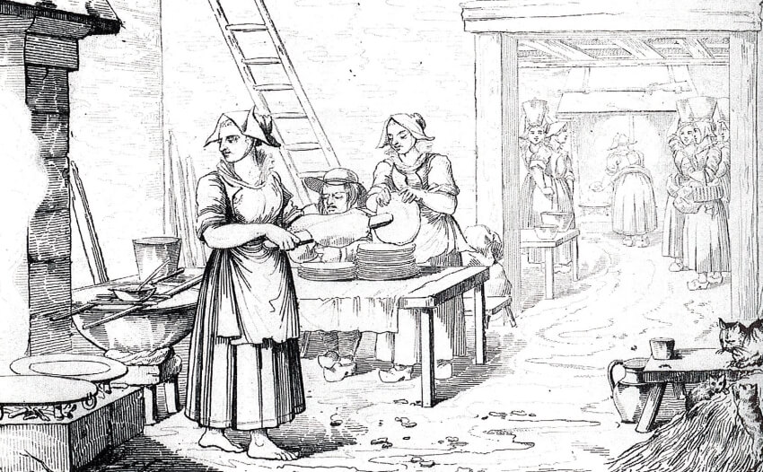 La fabrication des crêpes. Pendant que les hommes sont au champ, les femmes préparent le repas... Dessin d’Olivier Perrin.