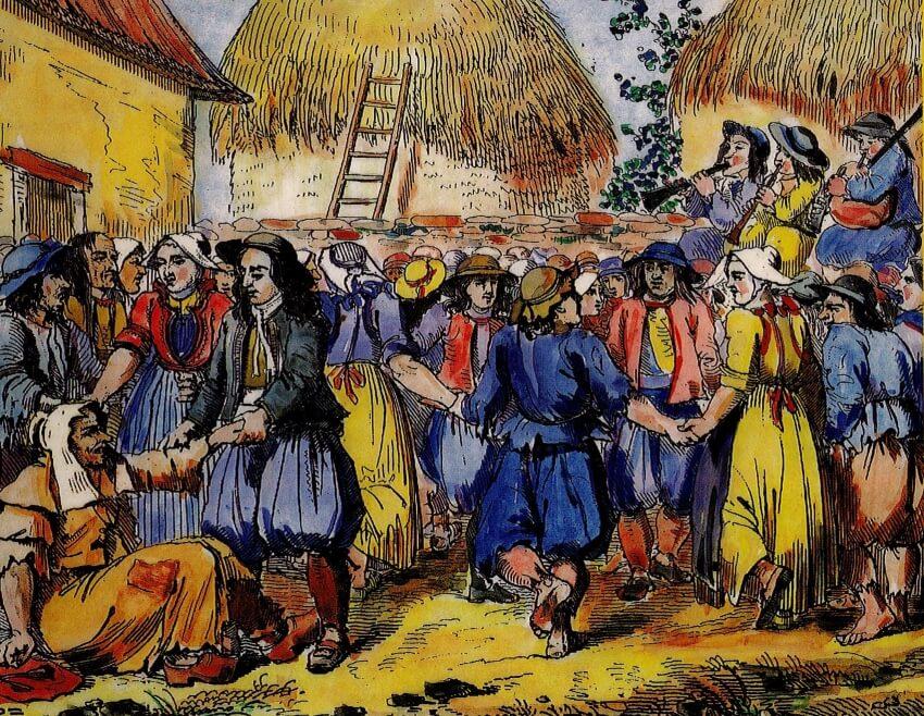 La danse, un loisir occupait une place importante sous l’Ancien Régime dans la seigneurie de Corlay ! Dessin d’Olivier Perrin, aquarellisé par Pierre Denis.
