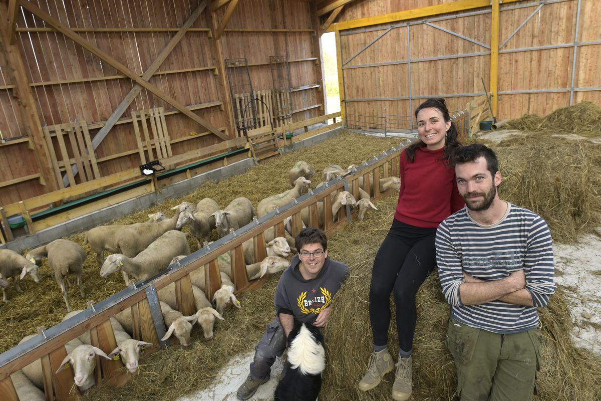 Yoann Colas, Agathe Valory et Olivier Peaudeau, les trois sociétaires du Gaec de Wazh Wenn, à Plufur, dans leur bâtiment flambant neuf en cours de finition (© Thierry Jeandot)