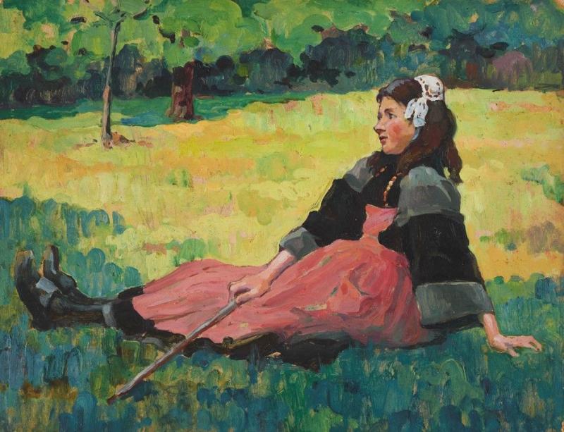 Jeanne-Marie Barbey, "Gardienne de troupeau", première moitié du XXe siècle, huile sur carton, 95.1.51, coll. Musées de Vannes – Ville de Vannes. Jeanne-Marie Barbey, "Gardienne de troupeau", première moitié du XXe siècle, huile sur carton, 95.1.51, coll. Musées de Vannes – Ville de Vannes.